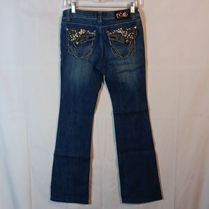 Cello Embellished Flap Pockets Stretch Denim Low Rise Jeans